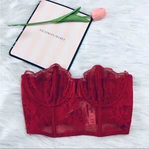 Victorias Secret Dream Angels Gold Red Lace Scalloped Bustier Longline Bra 32D